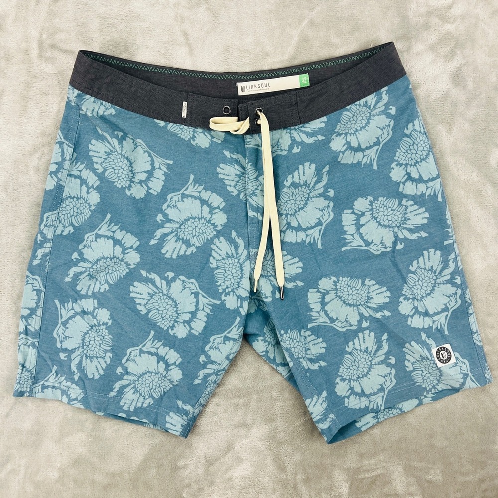 Linksoul John Ashworth & Co Blue Floral Board Shorts Mens 32‎ Swim Trunks